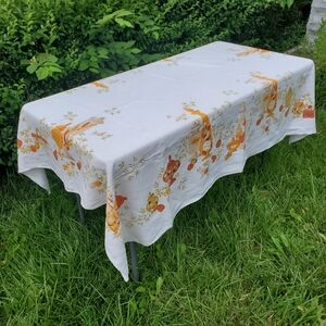 Picnic Basket Jars Vegetables Tablecloth Beige Orange Vintage 67"x52" Rectangle